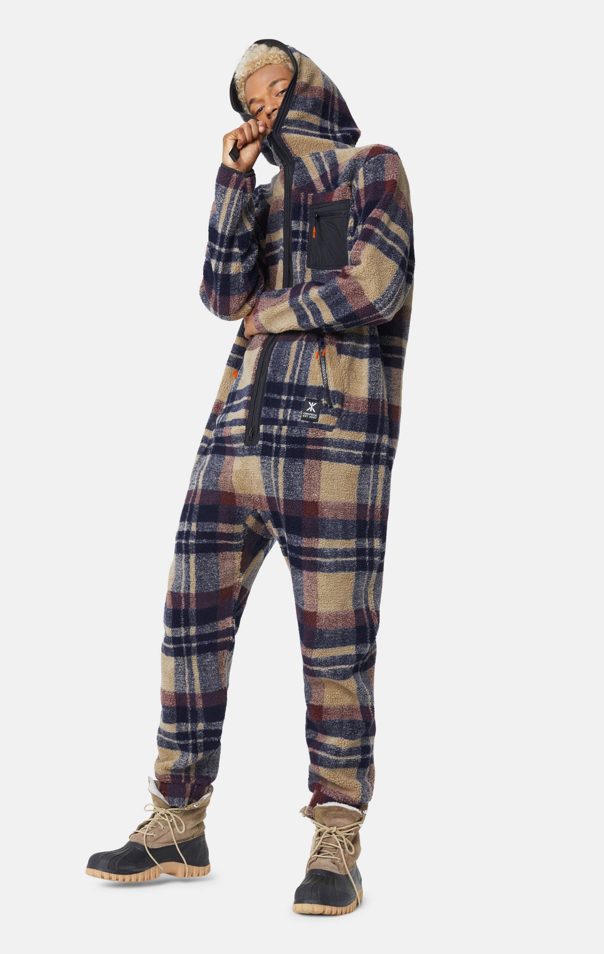 Onepiece Checkered Fleece Jumpsuit Brown - 2