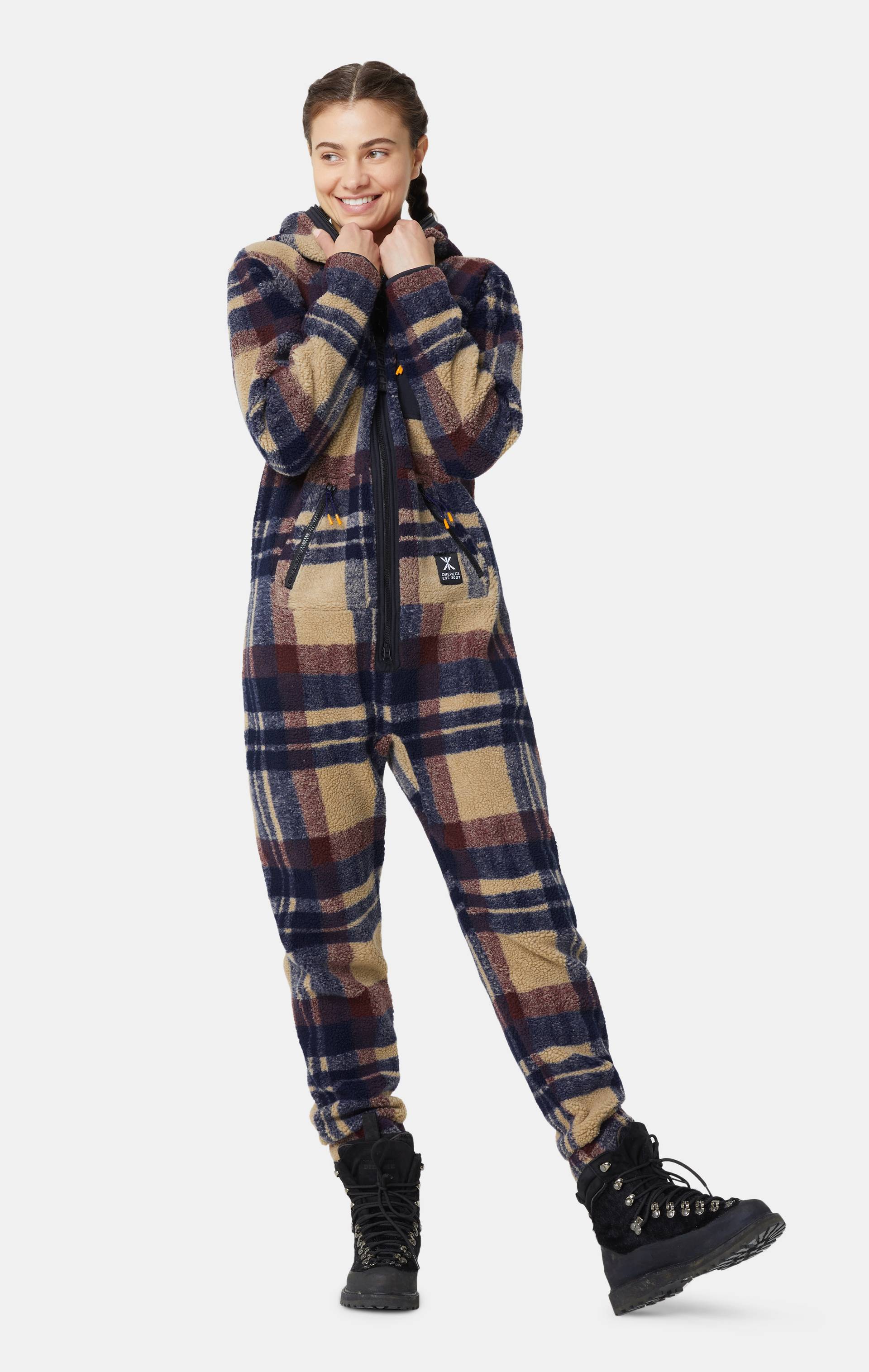Onepiece Checkered Fleece Jumpsuit Brown - 9