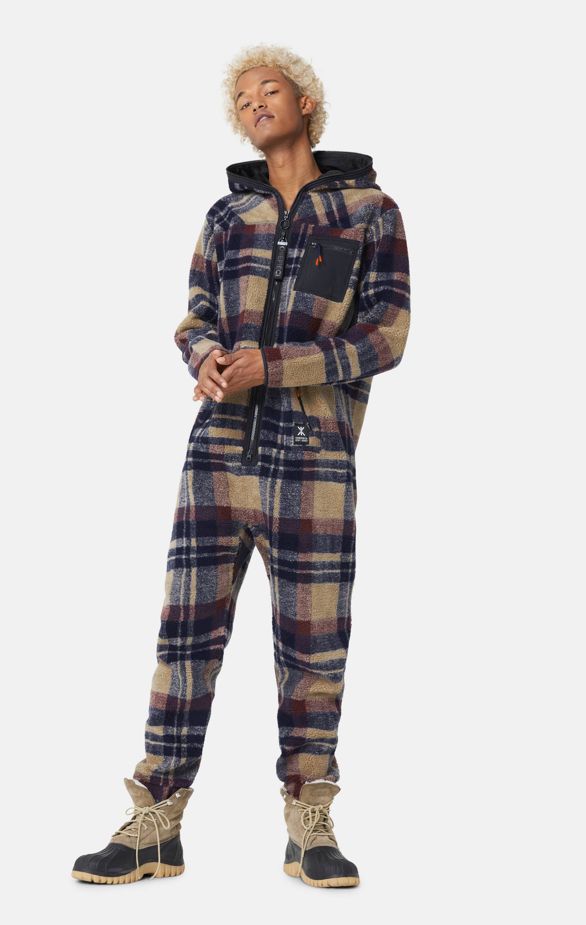 Onepiece Checkered Fleece Jumpsuit Brown - 3