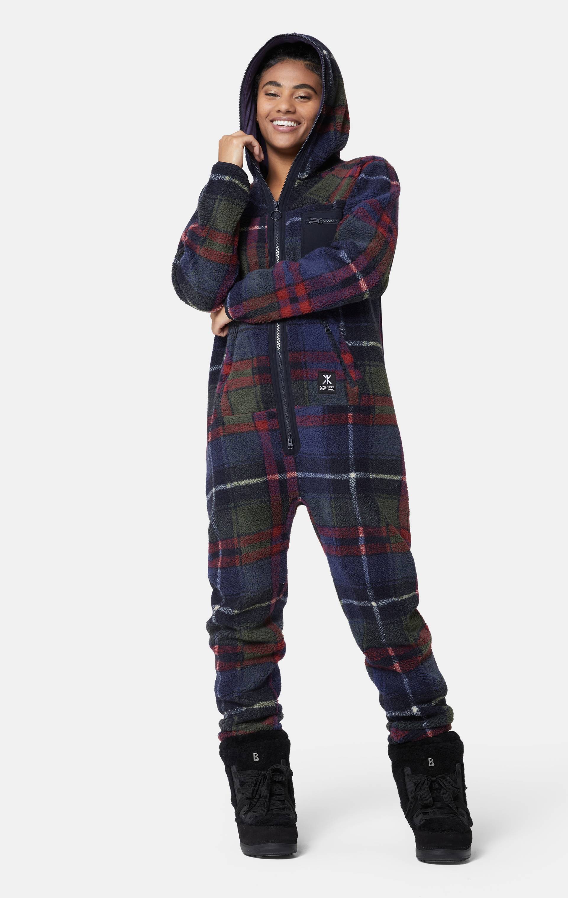 Onepiece Checkered Fleece Jumpsuit Blue - 14