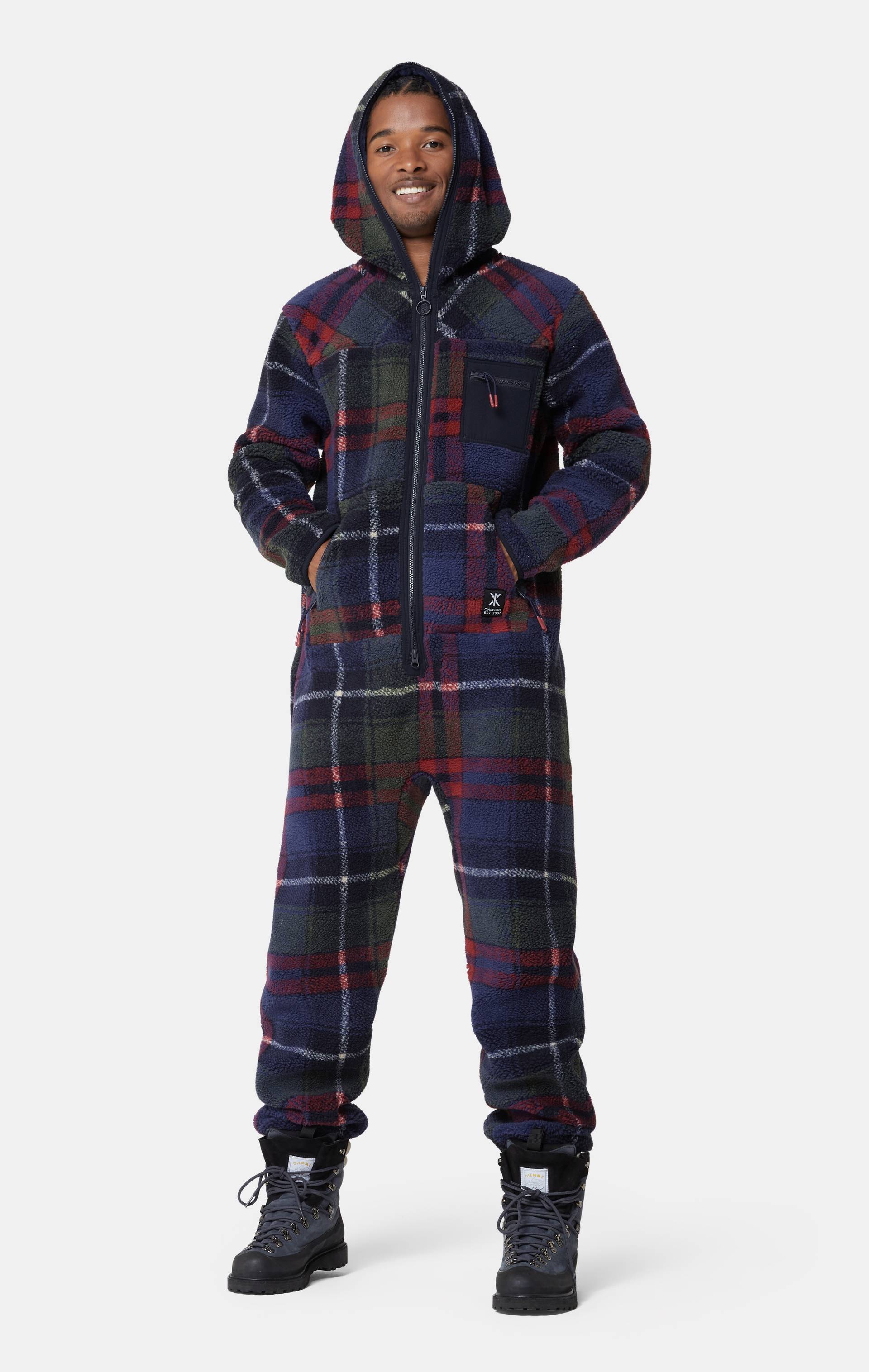 Onepiece Checkered Fleece Jumpsuit Blue - 5