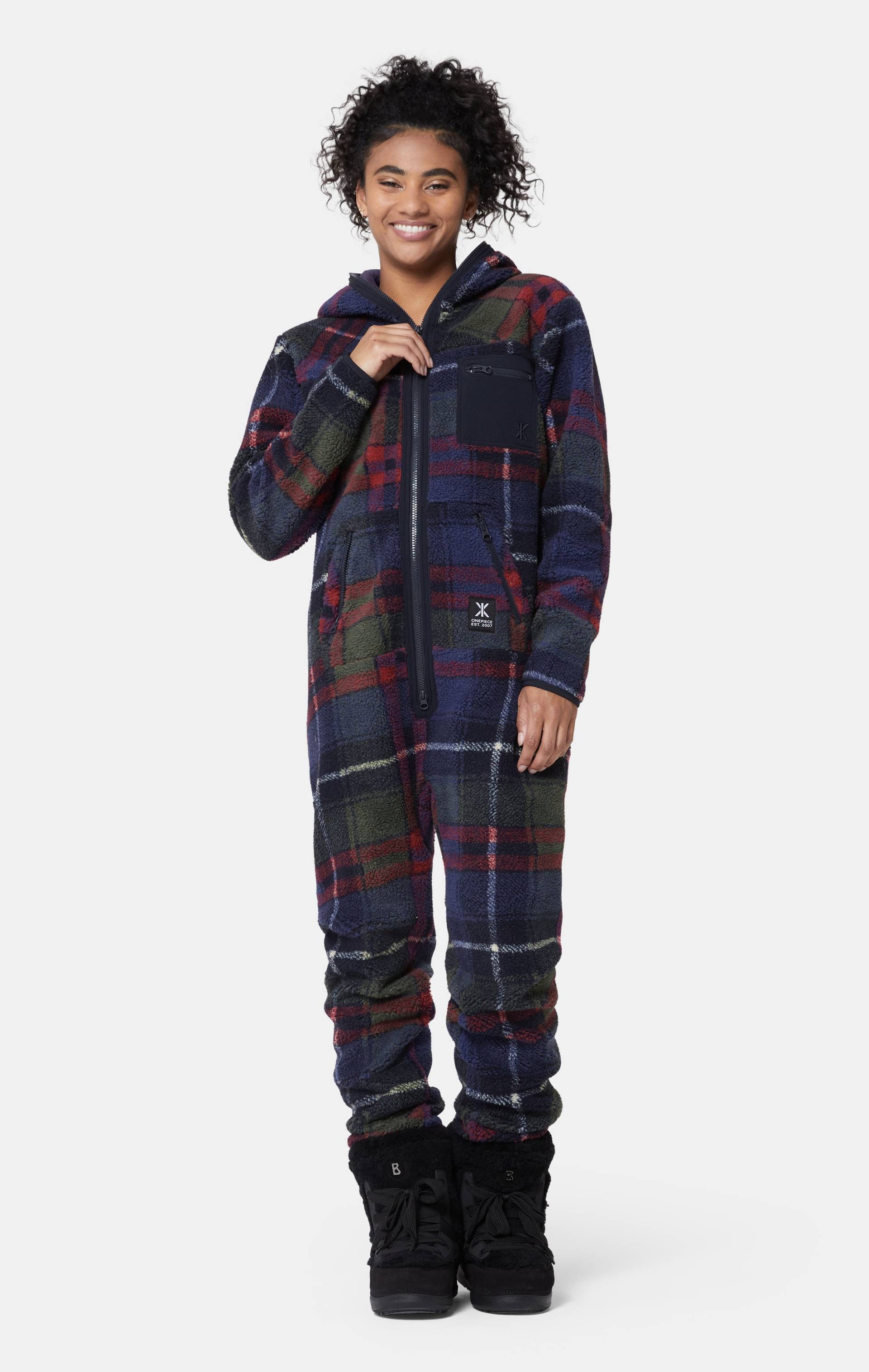 Onepiece Checkered Fleece Jumpsuit Blue - 12